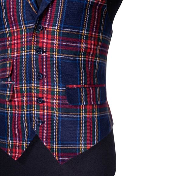 Mens Tartan Vest 40R Blue Red Green Wool Plaid Waistcoat Medium Christmas Party - Picture 6 of 10